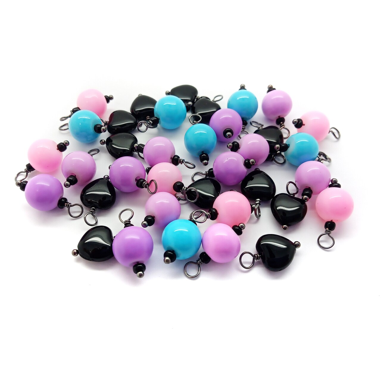 Pastel Bead Charms with Black Heart Dangles, 12 pieces, Creepy Cute Jewelry Supplies, Adorabilities